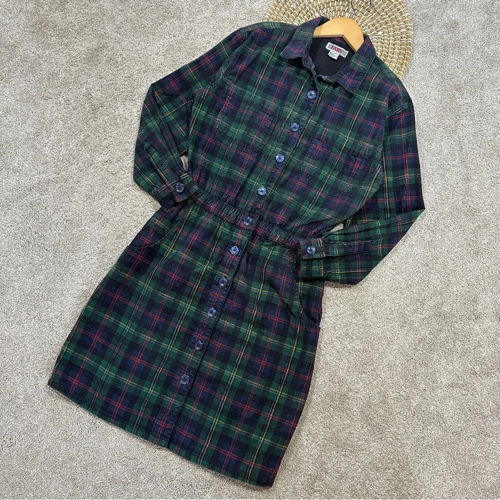 Fads Vintage 90s Y2K Tartan Plaid Corduroy Button Up Shirt Dress Long Sleeve M